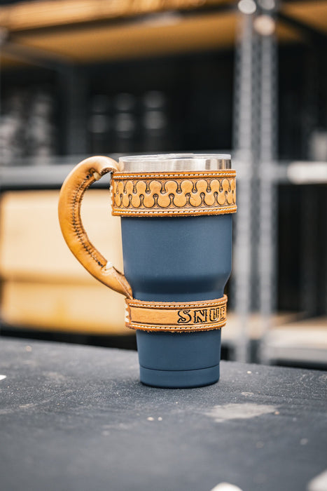 Insulated Drinking Tumbler with Leather Handle (Snuff Cup Themed)