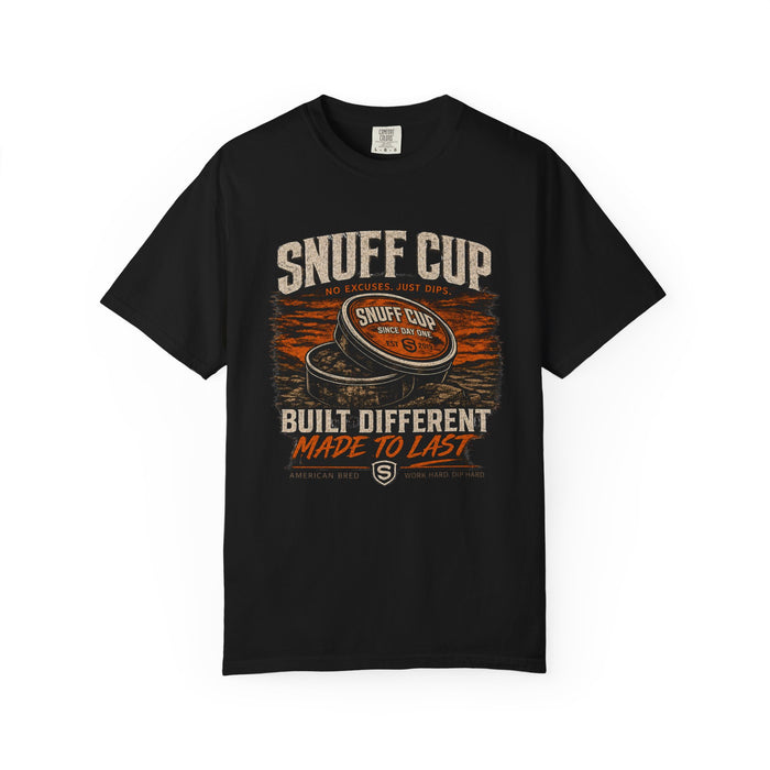Snuff Cup T-Shirt — 'Built Different Made to Last' Vintage Dip Can Graphic Tee