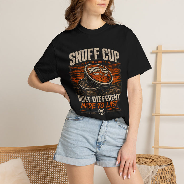 Snuff Cup T-Shirt — 'Built Different Made to Last' Vintage Dip Can Graphic Tee